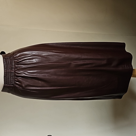 Faux Leather Wine Brown Belted Midi Skirt Snap Buttons Pencil Size Xsmall - Picture 9 of 17